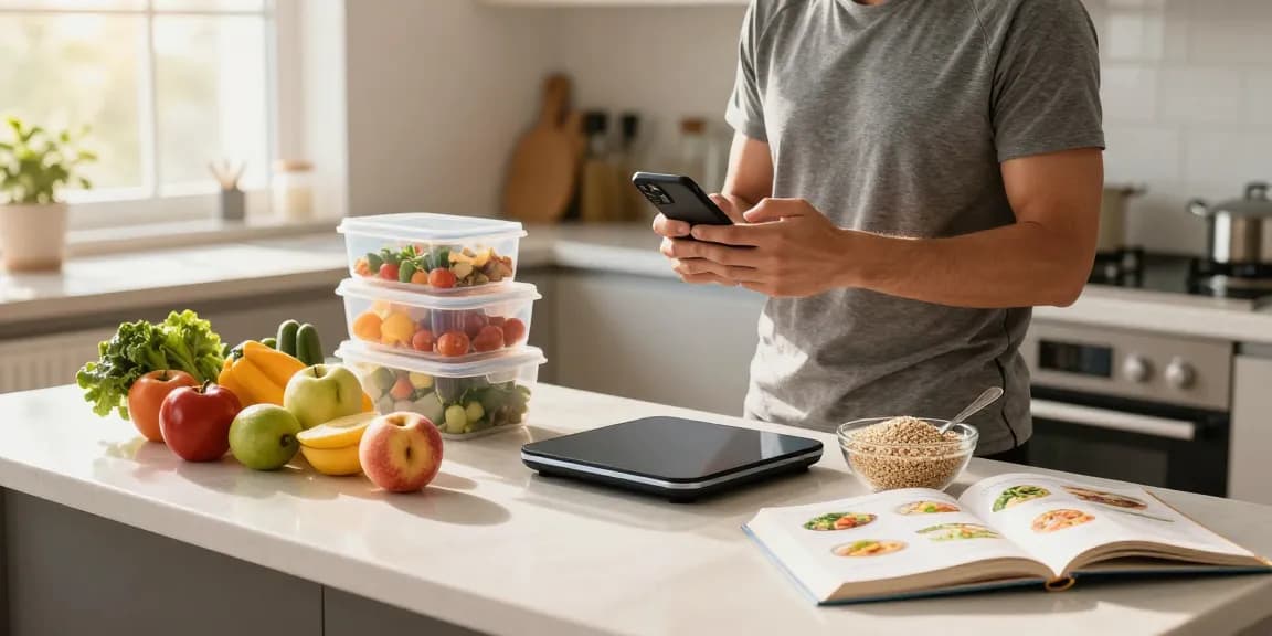 Logging meals with the best AI macro tracker in a bright kitchen filled with fresh ingredients.