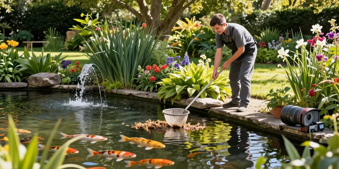 Pond cleaning Sussex scene showcasing a pond care professional maintaining a beautiful garden pond.