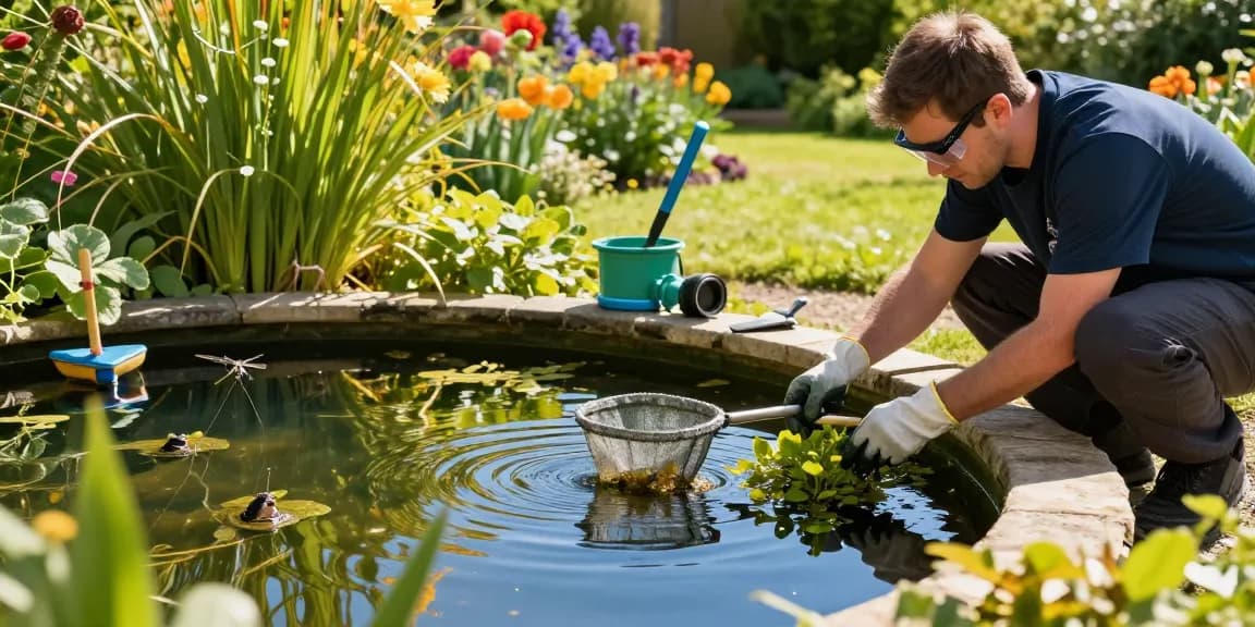 Pond Cleaning Sussex service in action, technician removing debris from vibrant garden pond surrounded by lush greenery and flowers.