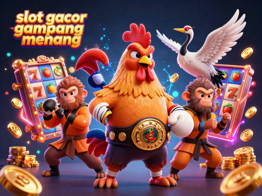 Experience the thrilling "slot gacor gampang menang" with dynamic characters and colorful slot machines in a vibrant casino scene.