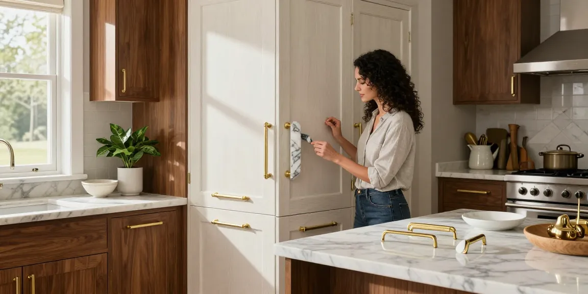 Premium brass handles enhance the luxury kitchen design.