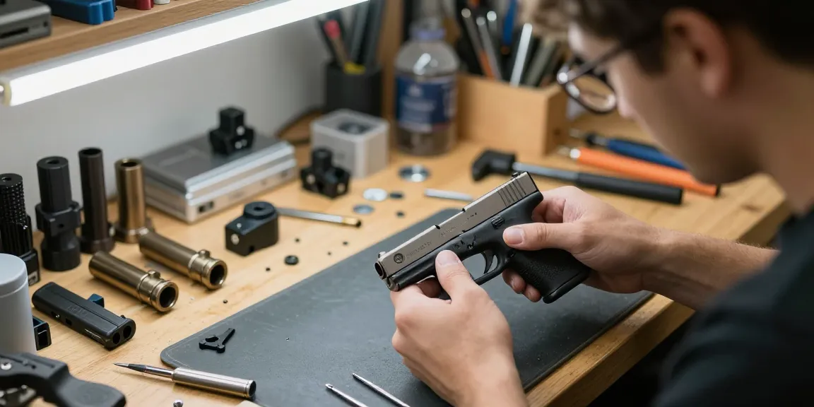 Customizing a Glock slide with precision tools at https://precisionglockslides.com showcasing detailed craftsmanship.