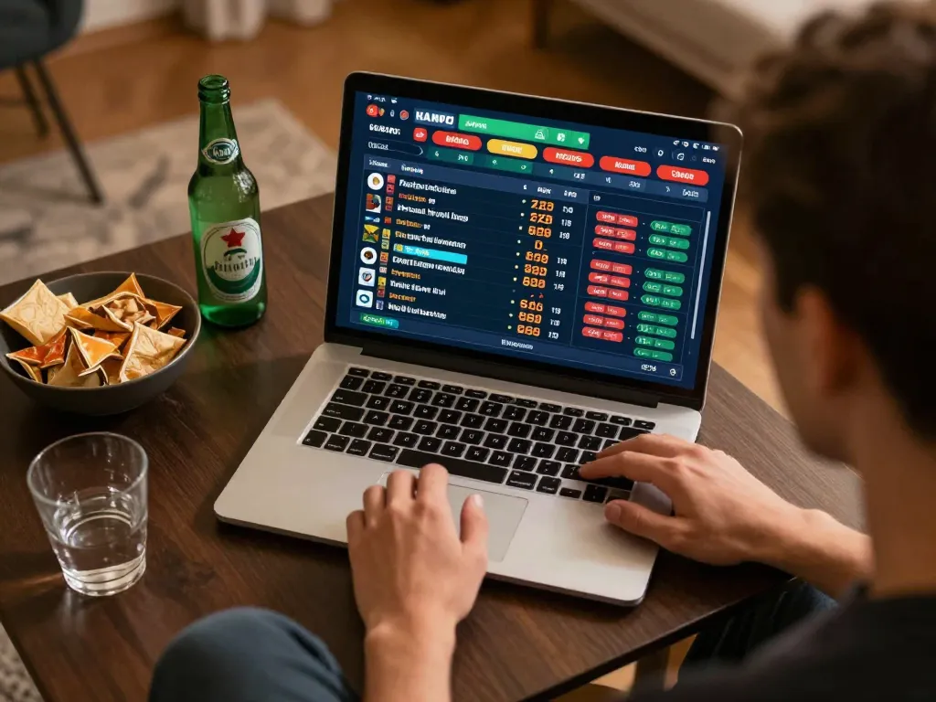 Engaging in sports betting for slot gacor saat ini using a laptop, analyzing odds with excitement.