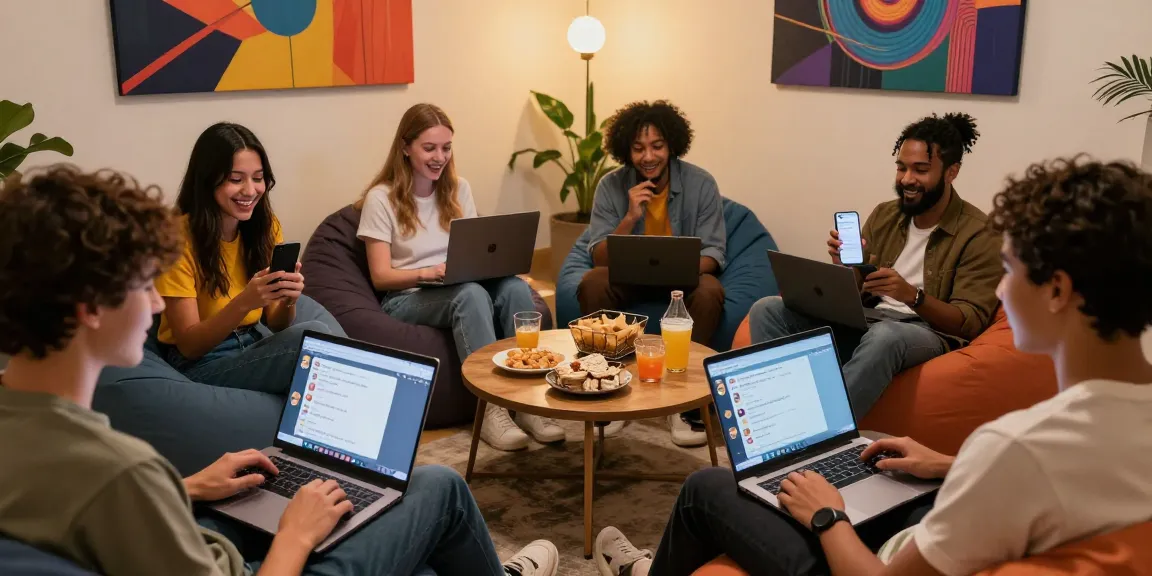 Group enjoying nsfw chat on devices in a cozy lounge.