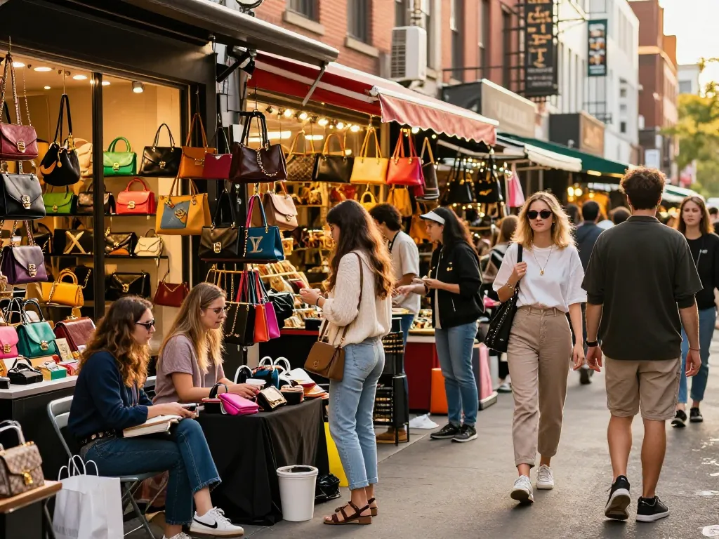 Stylish shoppers exploring high-end 레플리카 fashion at a vibrant street market.