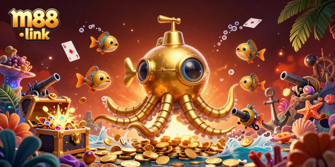 Engage with the exciting m88 link experience featuring a kraken submarine amidst treasure and gambling elements.