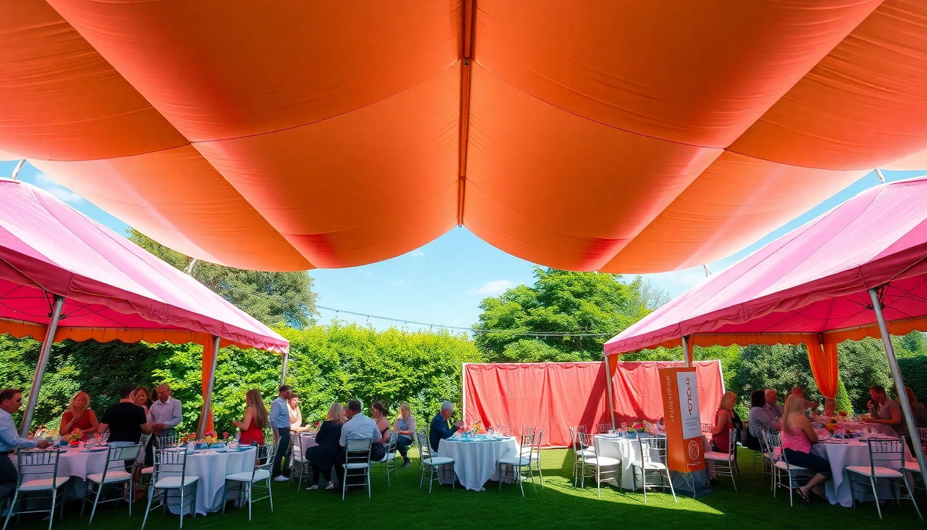 Guests enjoying party tent rentals at a vibrant outdoor event with colorful tents.