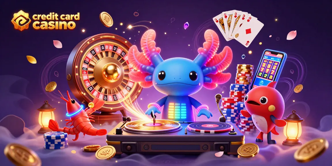 Engaging scene showcasing a vibrant credit card casino illustration with neon elements and animated characters.