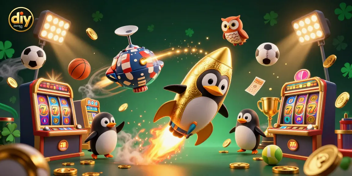 Engaging scene at a diy home décor blog showcasing a golden penguin racing towards a casino space station with coins.