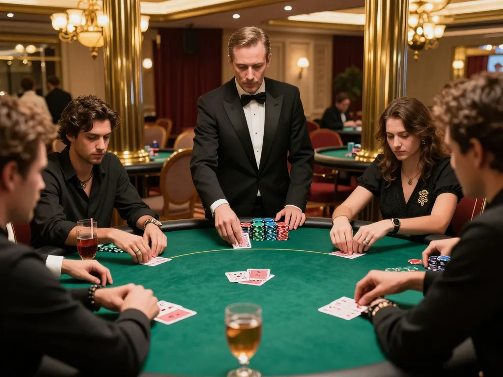 Pemain poker yang merencanakan strategi di meja kasino yang elegan dengan chip berwarna-warni yang ditumpuk