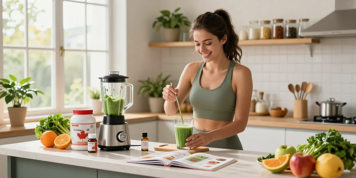 Young woman preparing healthy smoothies with made in Canada supplements in a vibrant kitchen.