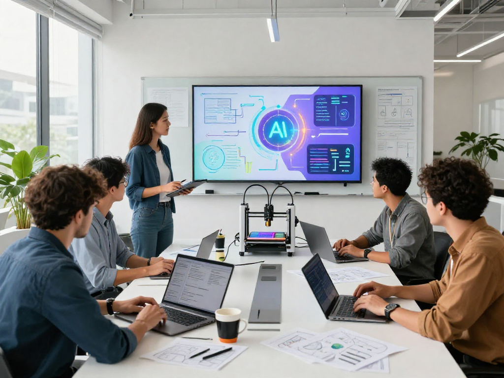 Team brainstorming AI solutions in a bright tech office, focused on crush on ai development.
