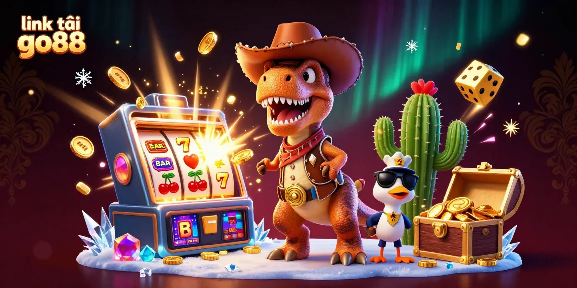 Experience thrilling gameplay with link tải go88, featuring a vibrant T-Rex cowboy surrounded by jackpot elements.