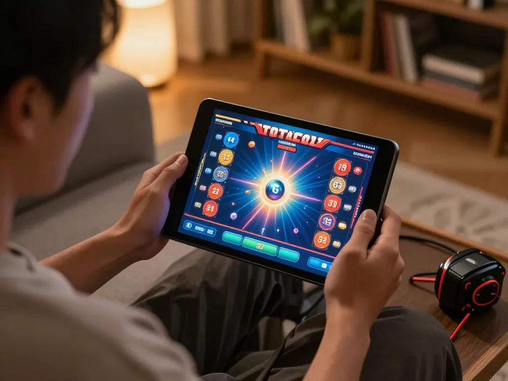 Berpartisipasi dalam sesi permainan toto togel online di tablet dalam suasana ruang tamu yang nyaman.