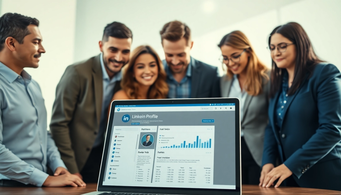 Engaged team extracting emails from LinkedIn profiles using advanced tools in a professional setting.