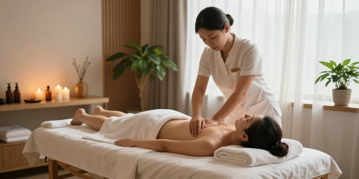 Swedish massage in a tranquil spa setting with candles and greenery.