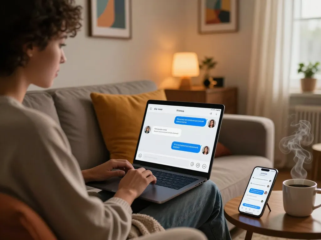 Engaging in sexting AI conversations in a cozy home setting with warm lighting and personal touches.