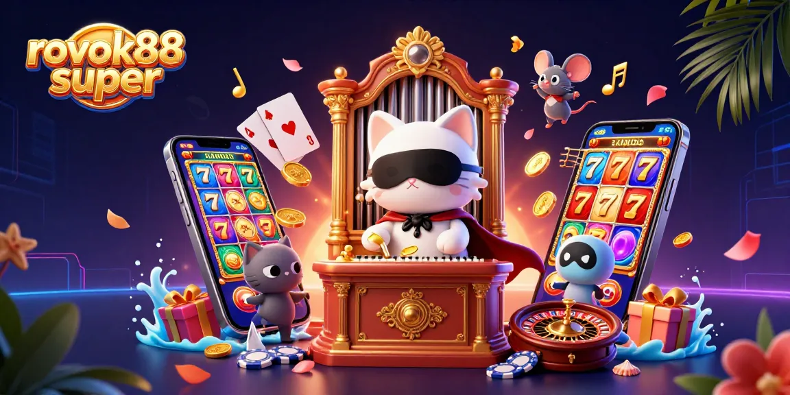 Engage with rokok88 super in a vibrant 3D casino scene featuring a cat playing musical slots.