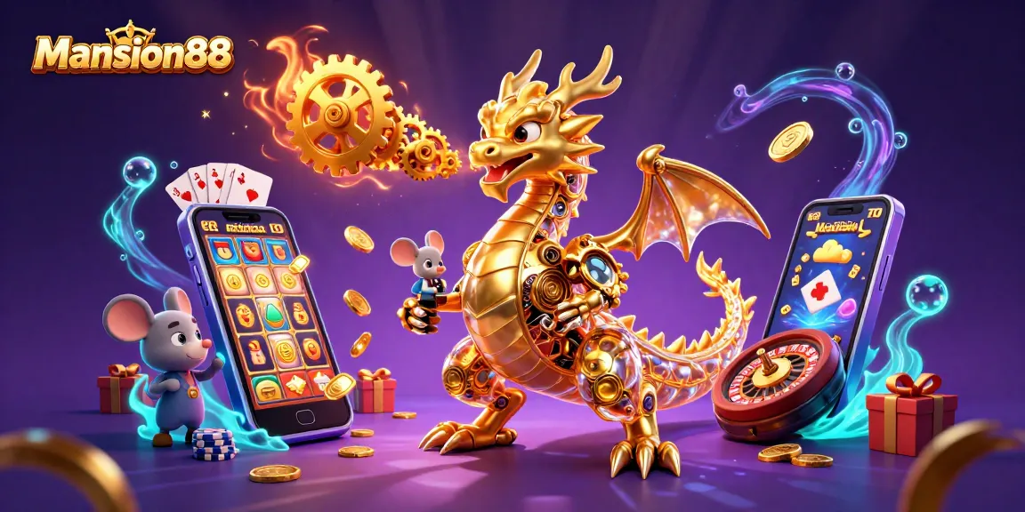 Mansion88 showcases an exciting scene of a gold dragon and a mouse engineer in a vibrant casino setup.