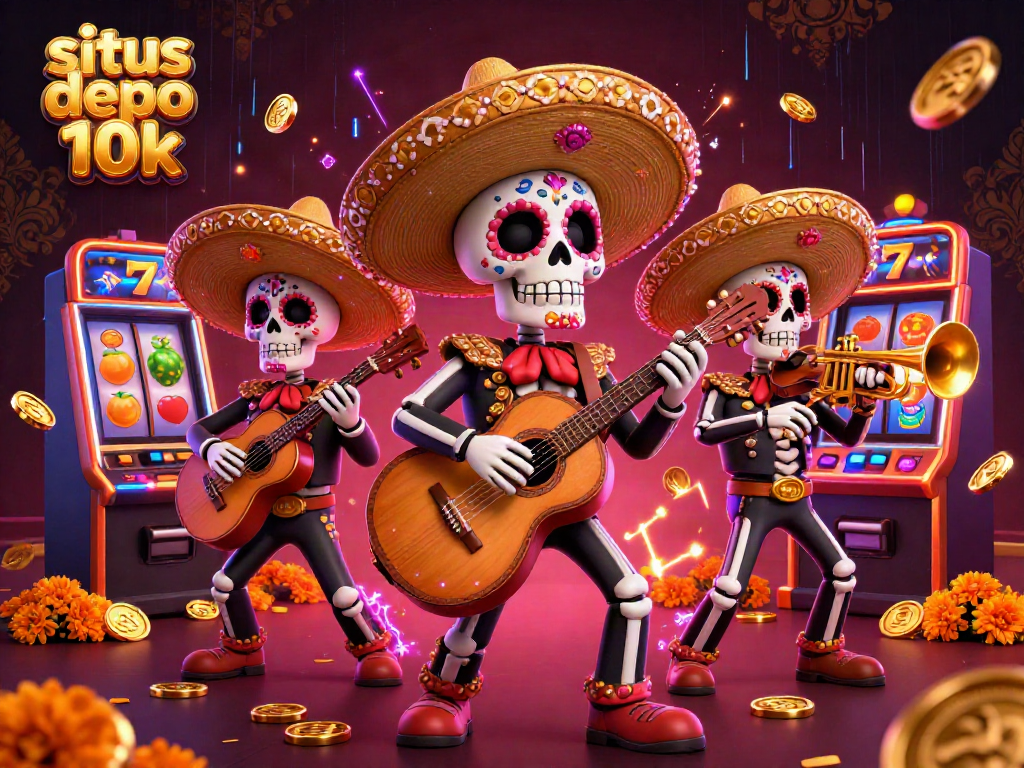 Experience situs depo 10k with lively 3D illustrated mariachi band amidst rich casino elements.