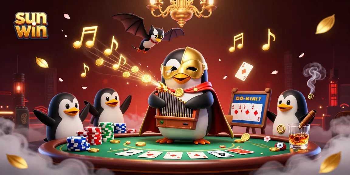 Engage with the thrilling atmosphere of sun win, where a whimsical penguin plays an organ that releases golden coins amidst a vibrant casino scene.