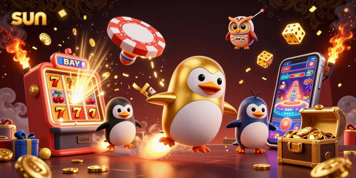 Experience the thrill of sun casino gaming with a vibrant scene depicting a golden penguin in space.