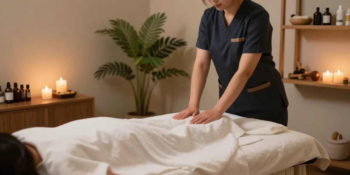 Relaxing 1인샵 massage therapy room featuring a skilled therapist preparing for a client.