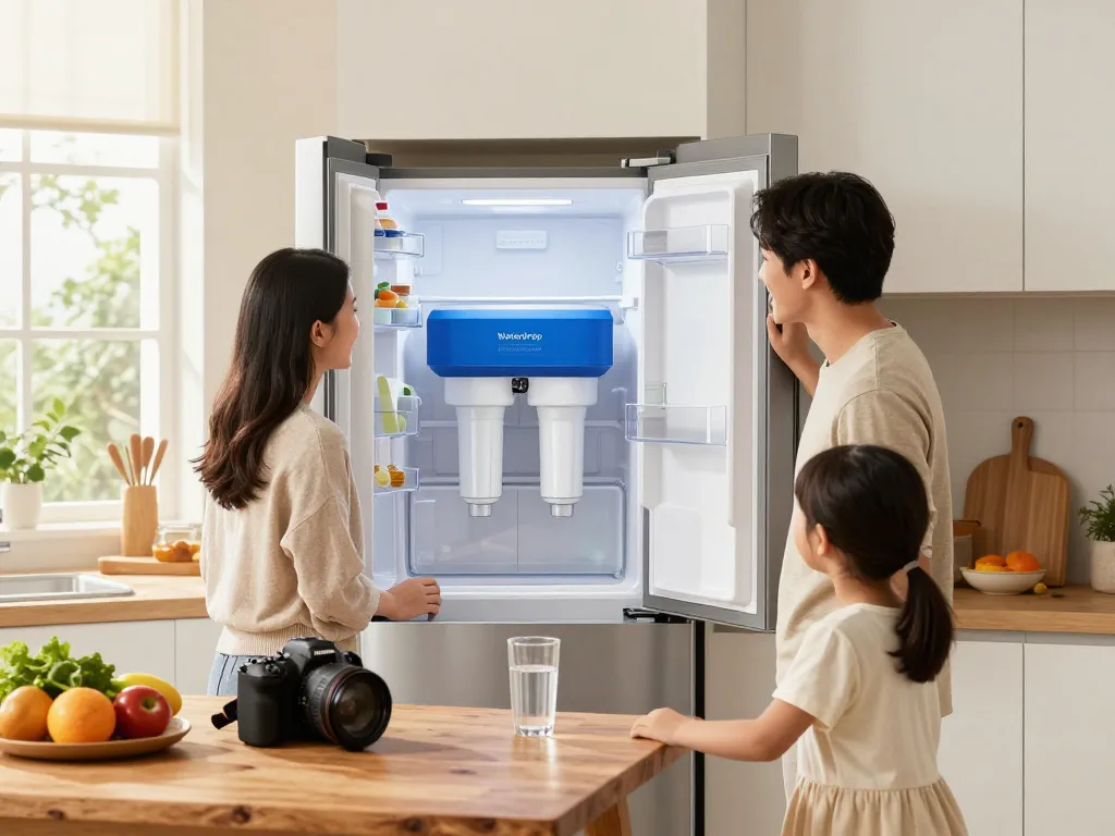 Family enjoying clean water with Waterdrop LT1000PC ADQ747935 MDJ64844601 Refrigerator Water Filter showcased in a bright kitchen.