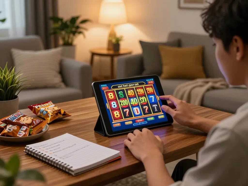 Engaging in a slot bet 200 perak game while enjoying snacks in a cozy home setting.