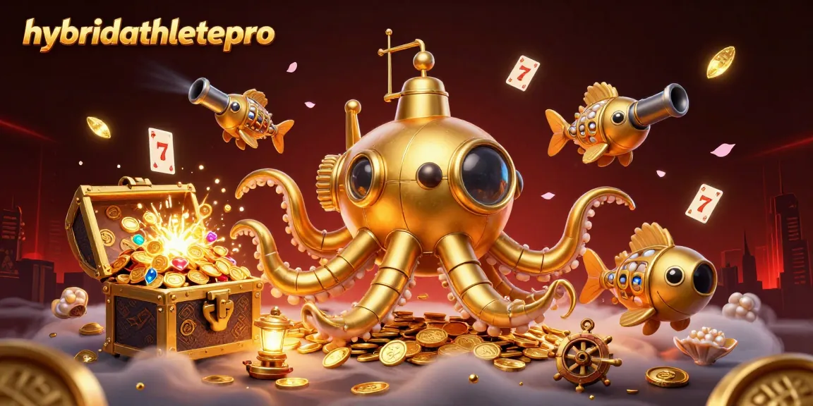 Engage with hybridathletepro's captivating 3D casino scene featuring a golden kraken submarine and vibrant game elements.