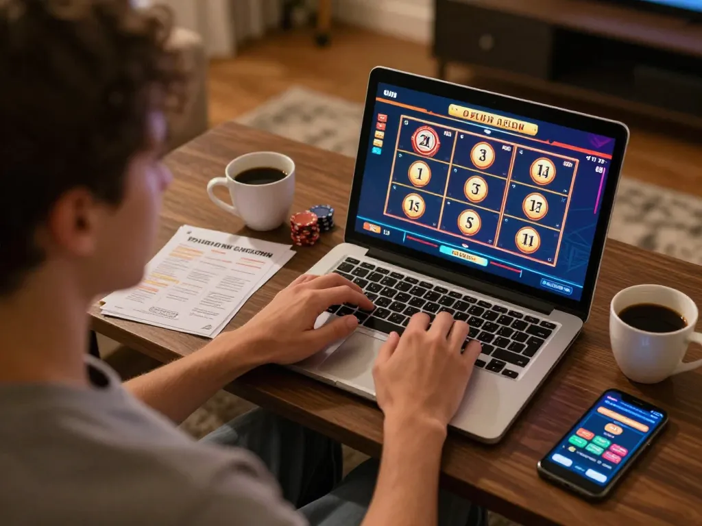 Engaging scene of a player using a laptop at home for casino esteri che accettano italiani games, showcasing online betting atmosphere.
