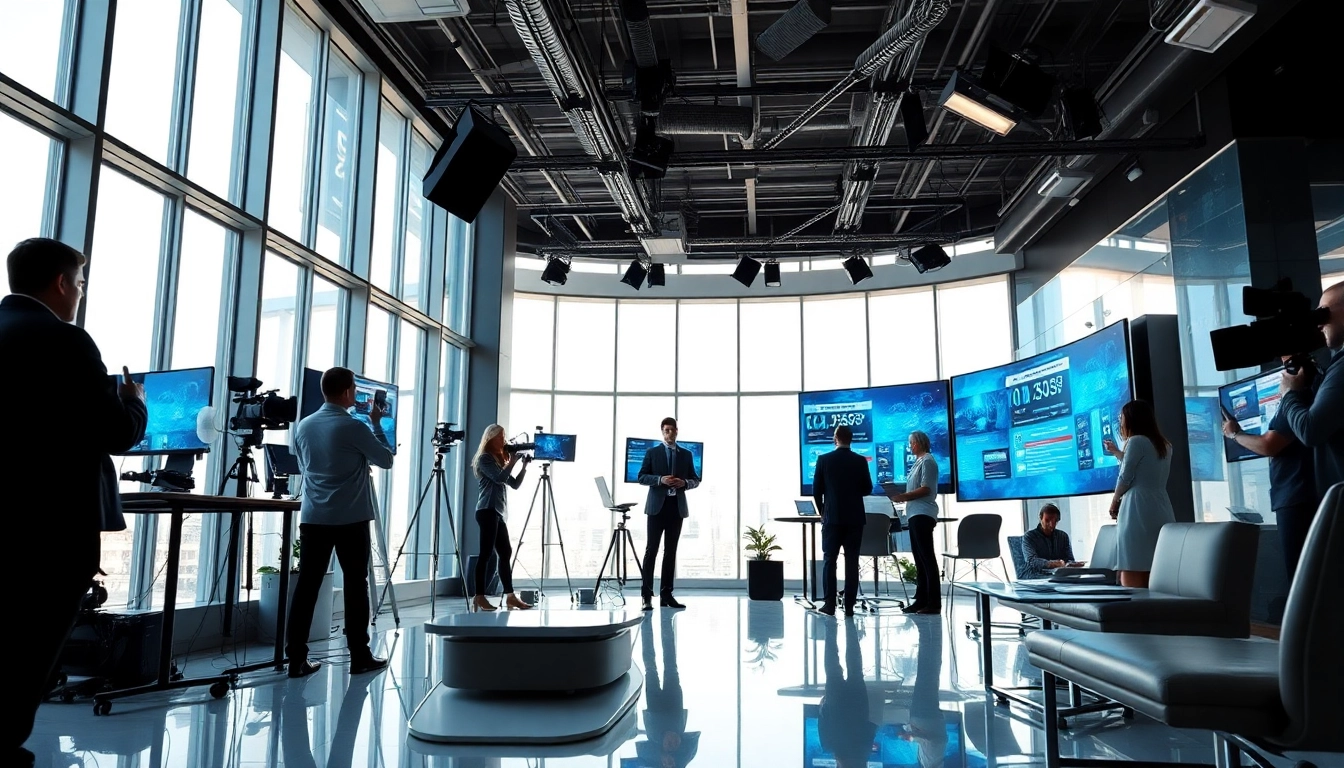 Engaging news team working collaboratively in a vibrant newsroom.