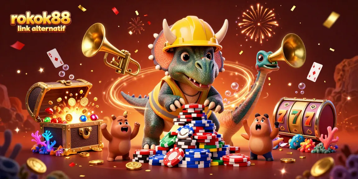 Experience excitement with rokok88 link alternatif as a triceratops builds a poker chip pyramid amidst a vibrant casino theme.