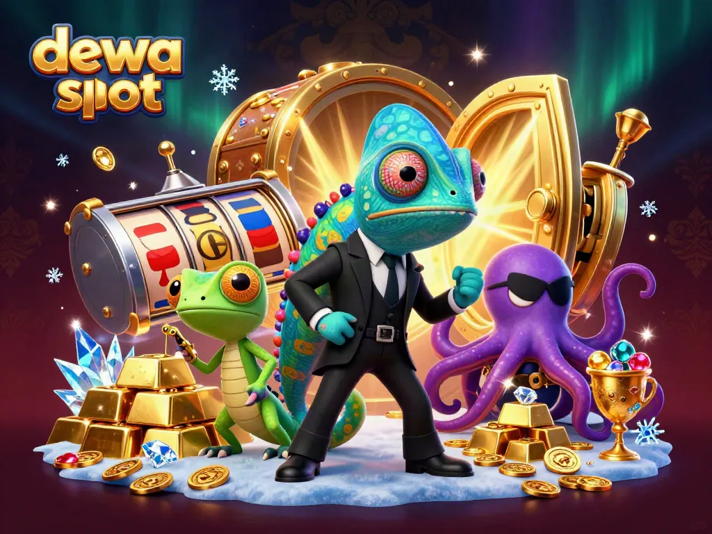 Karakter dewa slot bermain slot di latar belakang berlian yang berkilau.
