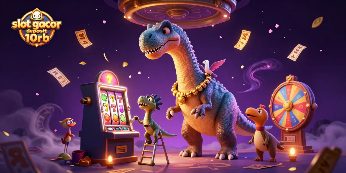 Engage in slot gacor deposit 10rb excitement with a whimsical scene featuring a giant brontosaurus and raptor amidst vibrant casino elements.