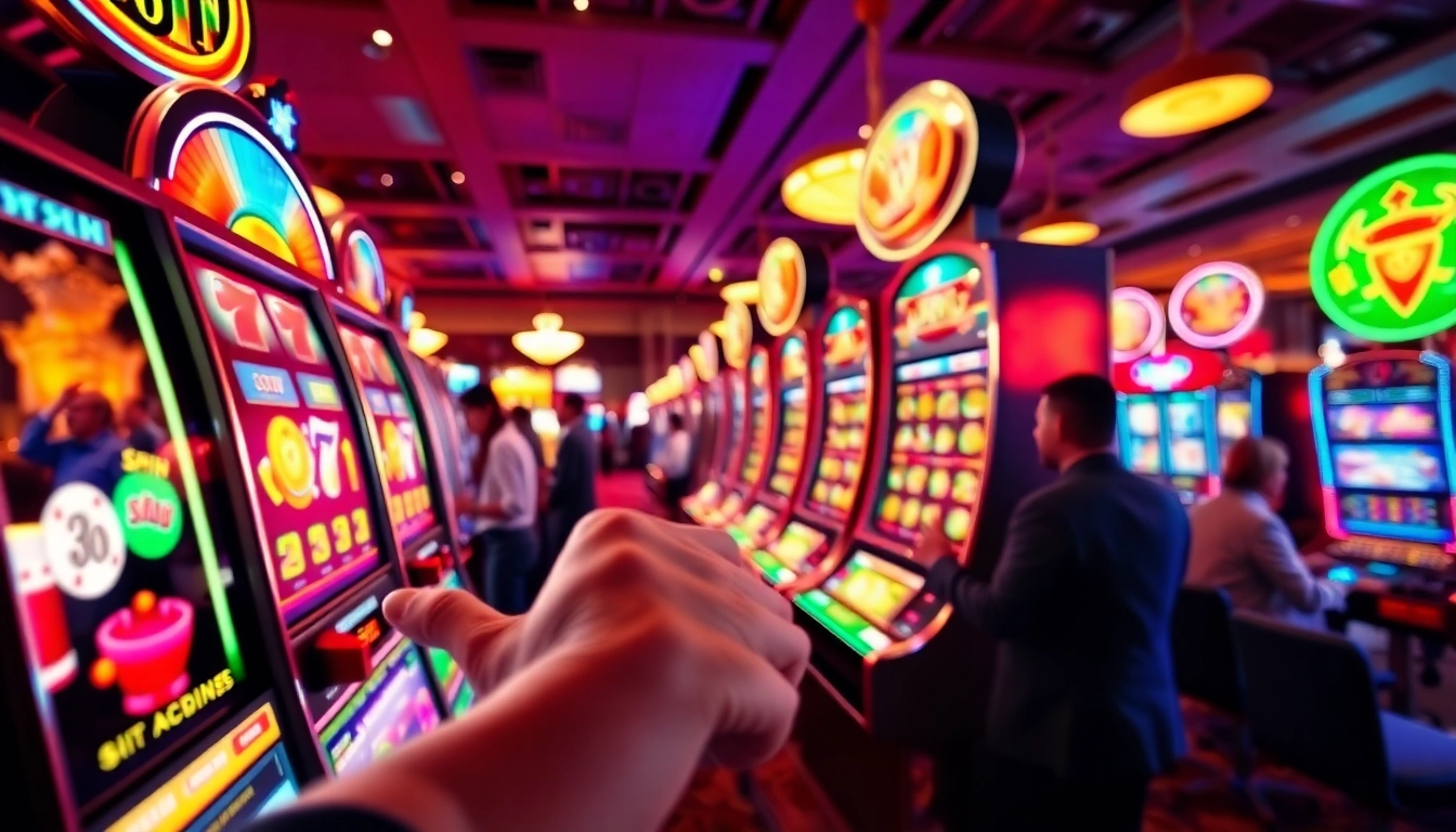 Aplikasi slot menampilkan mesin slot berwarna-warni di kasino yang meriah.