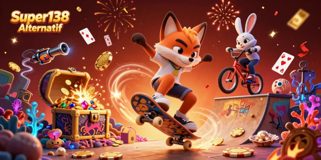 Experience the excitement of Super138 Alternatif with a vibrant 3D casino scene featuring energetic cartoon characters.