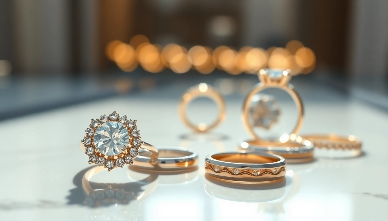 Admire luxury rings showcasing exquisite designs and sparkling gemstones in a sophisticated arrangement.