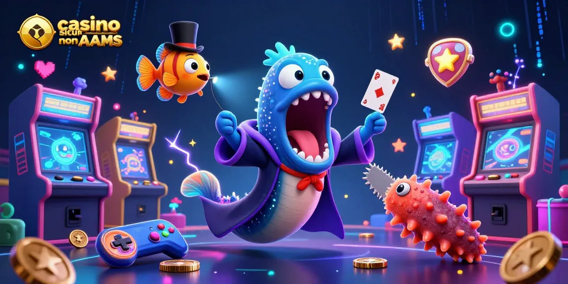 Cattura l'azione nei casino sicuri non AAMS con un'anguilla squalo che fa trucchi di magia, circondata da colori vivaci e giochi arcade d'atmosfera.