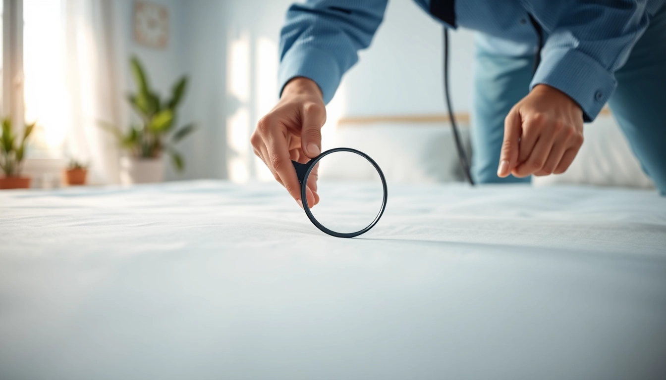 Inspecting for bed bugs by a bed bug company near me in a well-lit bedroom environment