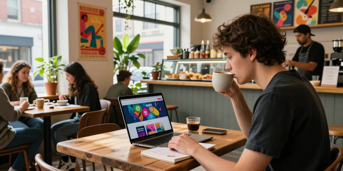 Cozy café scene with a young adult exploring local businesses on a laptop at https://forumup.org/shop/search.php?ca_id=&addr1=&addr2=&addr3=&schKeyword=.