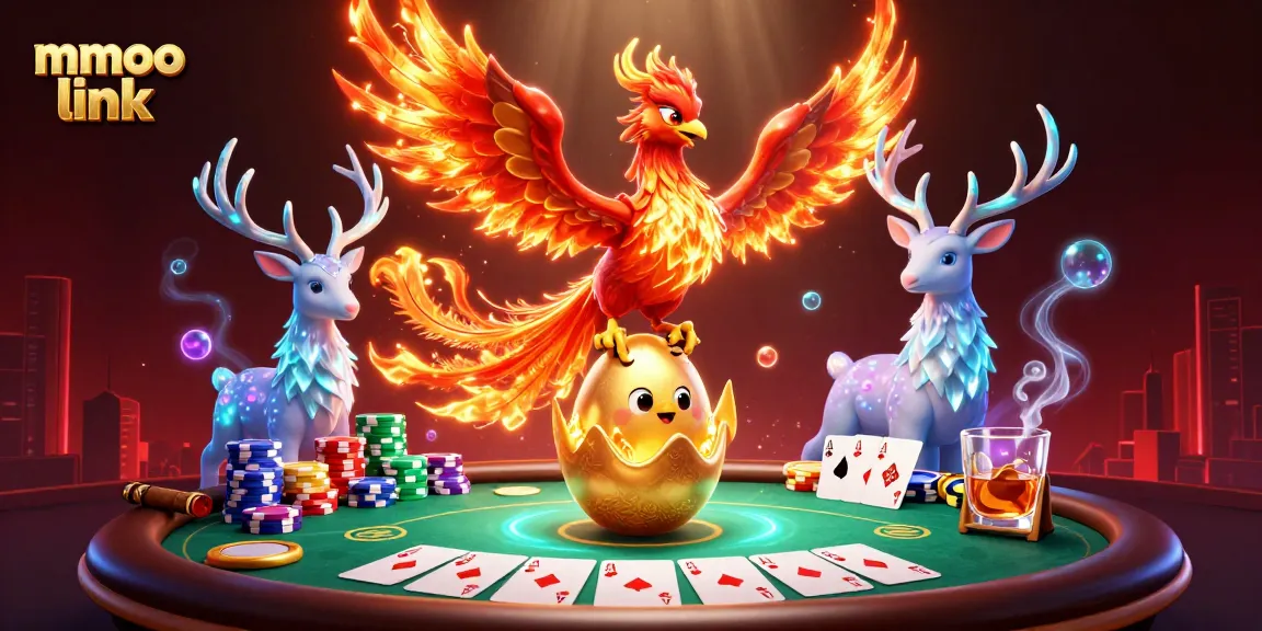 Engage in thrilling casino action at mmoo link with a vibrant scene showcasing a phoenix and poker elements.