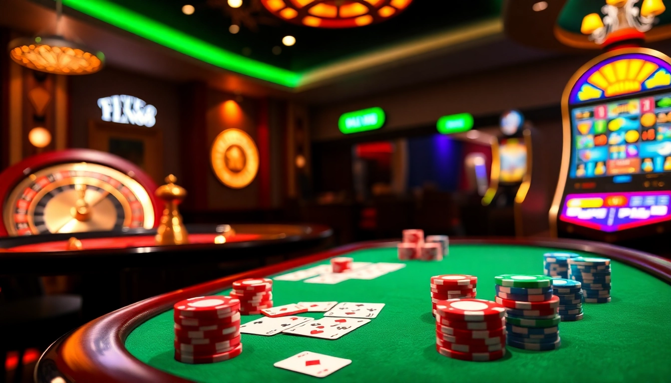 Experience the excitement of FLY88 trang chủ with a vibrant casino table and spinning roulette.