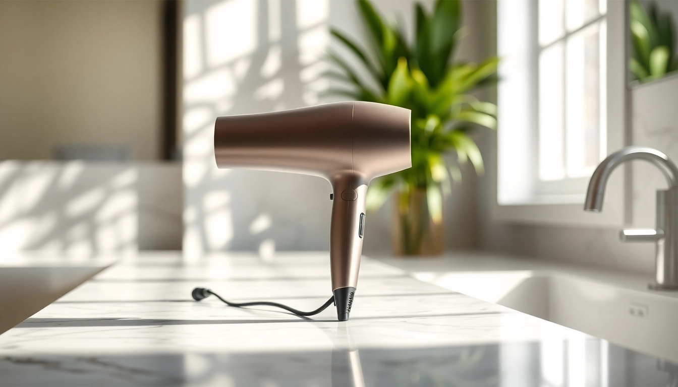 Effortlessly drying fine hair with a sleek hair dryer for fine hair on a marble countertop.