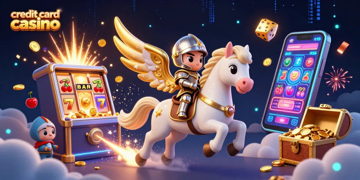 Experience the thrill of a credit card casino with a magical scene featuring a celestial horse and jackpot explosions.