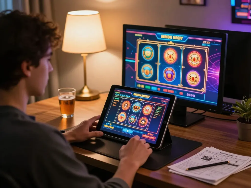 Engaging with an online slot game at home, highlighting the excitement of gaming.