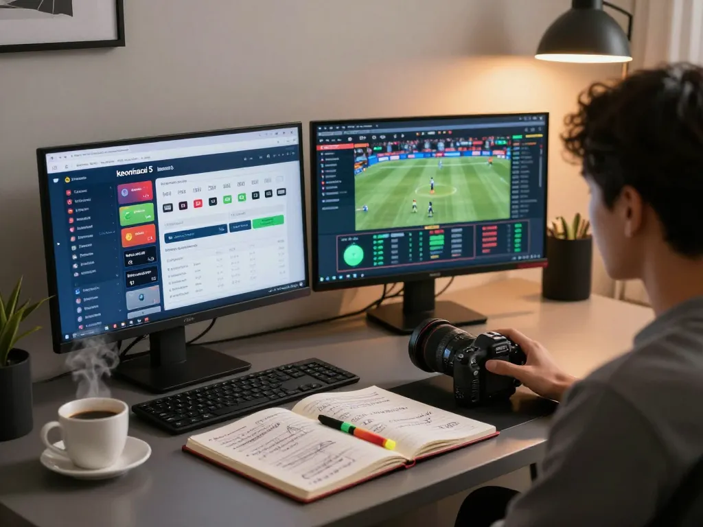 Engaging in sports betting using keonhacai 5 app at a modern home setup with live odds on multiple screens