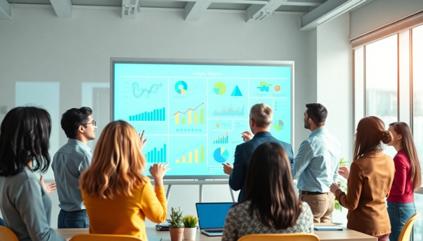 Unternehmensanimation zeigt Teamarbeit in einem modernen Büro mit dynamischen Visualisierungen.