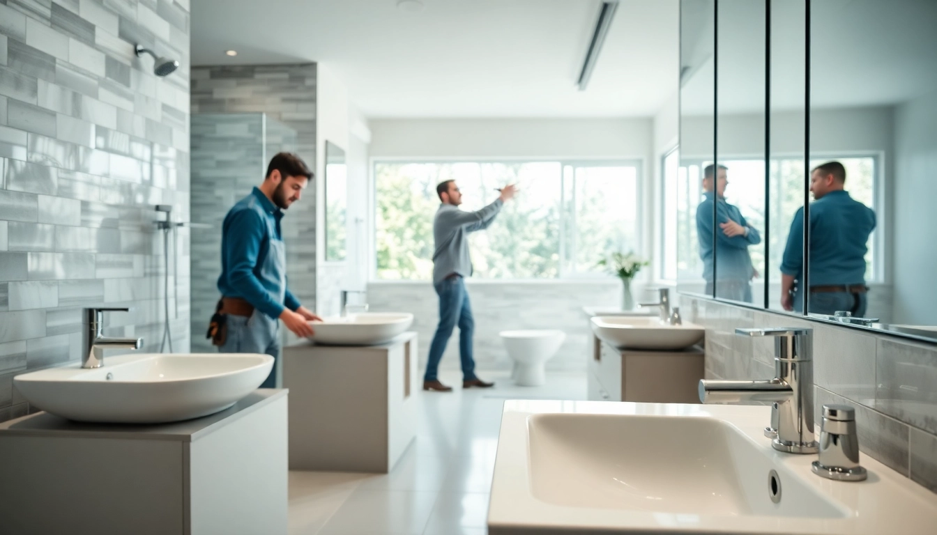 Bathroom remodeling contractors enhancing a modern bathroom with new fixtures and elegant finishes.