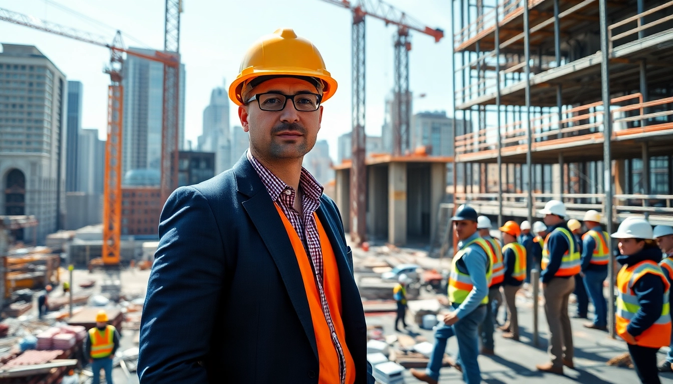 Manhattan Construction Manager guiding a diverse team at an urban construction site.